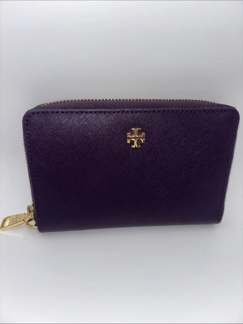 Tory Burch Deep Purple Leather Zip-Around Wallet with Gold Logo